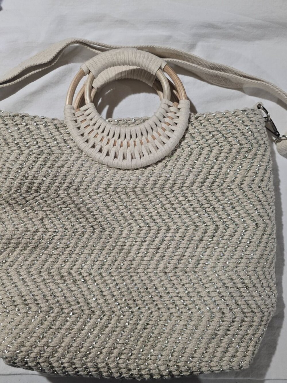 America & Beyond Birch Lurex Durrie Cane Handle Woven Tote Cream Silver Crossbod